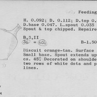 Index card with typed and handwritten information, sometimes including a sketch, of pottery from an excavation.