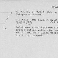 Index card with typed and handwritten information, sometimes including a sketch, of pottery from an excavation.