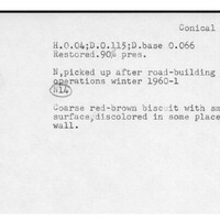 Index card with typed and handwritten information, sometimes including a sketch, of pottery from an excavation.