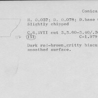Index card with typed and handwritten information, sometimes including a sketch, of pottery from an excavation.