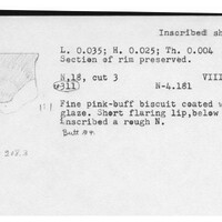 Index card with typed and handwritten information, sometimes including a sketch, of pottery from an excavation.