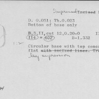 Index card with typed and handwritten information, sometimes including a sketch, of pottery from an excavation.