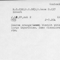 Index card with typed and handwritten information, sometimes including a sketch, of pottery from an excavation.