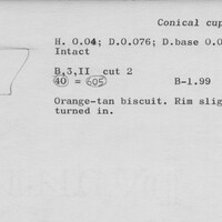 Index card with typed and handwritten information, sometimes including a sketch, of pottery from an excavation.