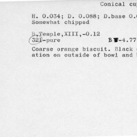 Index card with typed and handwritten information, sometimes including a sketch, of pottery from an excavation.