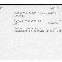 Index card with typed and handwritten information, sometimes including a sketch, of pottery from an excavation.