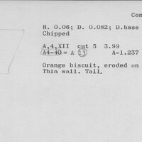 Index card with typed and handwritten information, sometimes including a sketch, of pottery from an excavation.