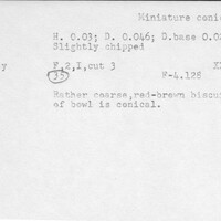 Index card with typed and handwritten information, sometimes including a sketch, of pottery from an excavation.