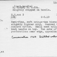 Index card with typed and handwritten information, sometimes including a sketch, of pottery from an excavation.