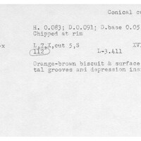Index card with typed and handwritten information, sometimes including a sketch, of pottery from an excavation.