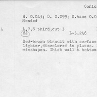 Index card with typed and handwritten information, sometimes including a sketch, of pottery from an excavation.