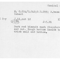Index card with typed and handwritten information, sometimes including a sketch, of pottery from an excavation.