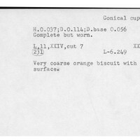 Index card with typed and handwritten information, sometimes including a sketch, of pottery from an excavation.