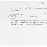 Index card with typed and handwritten information, sometimes including a sketch, of pottery from an excavation.