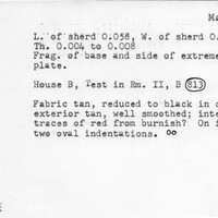Index card with typed and handwritten information, sometimes including a sketch, of pottery from an excavation.