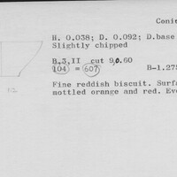 Index card with typed and handwritten information, sometimes including a sketch, of pottery from an excavation.