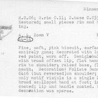 Index card with typed and handwritten information, sometimes including a sketch, of pottery from an excavation.