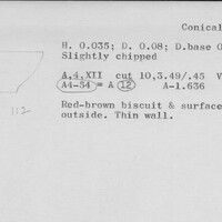 Index card with typed and handwritten information, sometimes including a sketch, of pottery from an excavation.