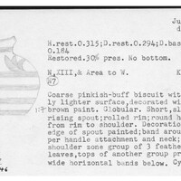 Index card with typed and handwritten information, sometimes including a sketch, of pottery from an excavation.