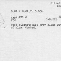 Index card with typed and handwritten information, sometimes including a sketch, of pottery from an excavation.