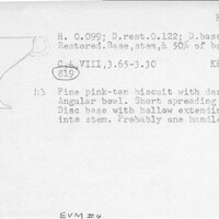 Index card with typed and handwritten information, sometimes including a sketch, of pottery from an excavation.