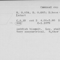 Index card with typed and handwritten information, sometimes including a sketch, of pottery from an excavation.