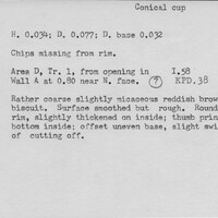 Index card with typed and handwritten information, sometimes including a sketch, of pottery from an excavation.