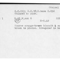 Index card with typed and handwritten information, sometimes including a sketch, of pottery from an excavation.