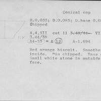 Index card with typed and handwritten information, sometimes including a sketch, of pottery from an excavation.