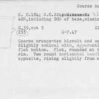 Index card with typed and handwritten information, sometimes including a sketch, of pottery from an excavation.