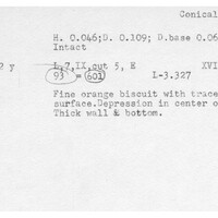 Index card with typed and handwritten information, sometimes including a sketch, of pottery from an excavation.