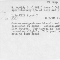 Index card with typed and handwritten information, sometimes including a sketch, of pottery from an excavation.