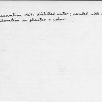 Index card with typed and handwritten information, sometimes including a sketch, of pottery from an excavation.