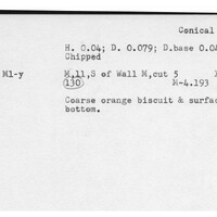 Index card with typed and handwritten information, sometimes including a sketch, of pottery from an excavation.