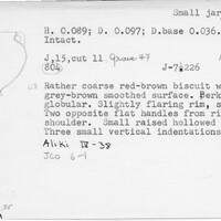Index card with typed and handwritten information, sometimes including a sketch, of pottery from an excavation.