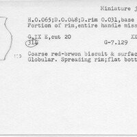 Index card with typed and handwritten information, sometimes including a sketch, of pottery from an excavation.