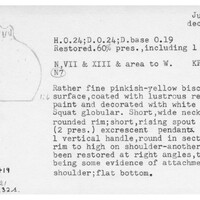 Index card with typed and handwritten information, sometimes including a sketch, of pottery from an excavation.