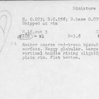 Index card with typed and handwritten information, sometimes including a sketch, of pottery from an excavation.