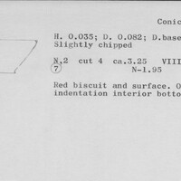 Index card with typed and handwritten information, sometimes including a sketch, of pottery from an excavation.