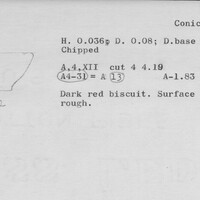 Index card with typed and handwritten information, sometimes including a sketch, of pottery from an excavation.