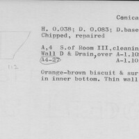 Index card with typed and handwritten information, sometimes including a sketch, of pottery from an excavation.