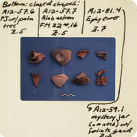 Collection of ancient pottery fragments with labels and notes.