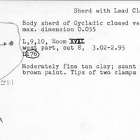 Index card with typed and handwritten information, sometimes including a sketch, of pottery from an excavation.