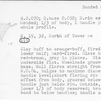 Index card with typed and handwritten information, sometimes including a sketch, of pottery from an excavation.