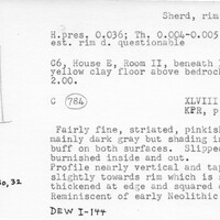 Index card with typed and handwritten information, sometimes including a sketch, of pottery from an excavation.
