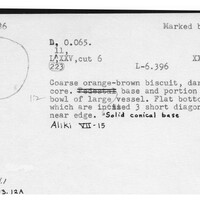 Index card with typed and handwritten information, sometimes including a sketch, of pottery from an excavation.