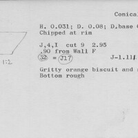 Index card with typed and handwritten information, sometimes including a sketch, of pottery from an excavation.