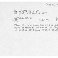 Index card with typed and handwritten information, sometimes including a sketch, of pottery from an excavation.