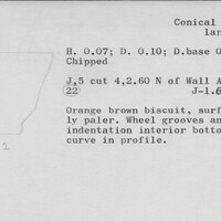 Index card with typed and handwritten information, sometimes including a sketch, of pottery from an excavation.
