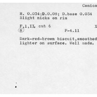 Index card with typed and handwritten information, sometimes including a sketch, of pottery from an excavation.